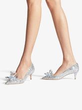 Silver Floral Rhinestone Slip-On Pointy Kitten Pumps For Women